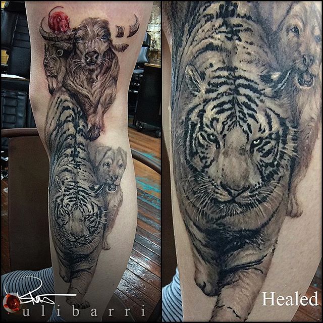 Full sleeve tattoo in black and grey realism by Alo Loco London UK  Wild  Animals Full Sleeve