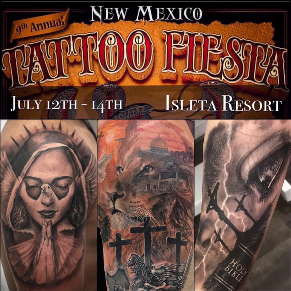 Houston USA 13th July 2019 A woman shows her new tattoos at the tattoo  fiesta in Albuquerque New Mexico the United States July 13 2019 The  threeday event featured renowned tattoo artists