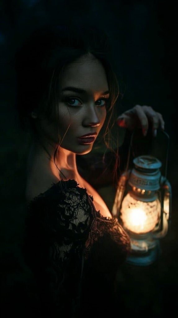 Woman in a black lace dress holds a lit lantern in a dark, moody setting.